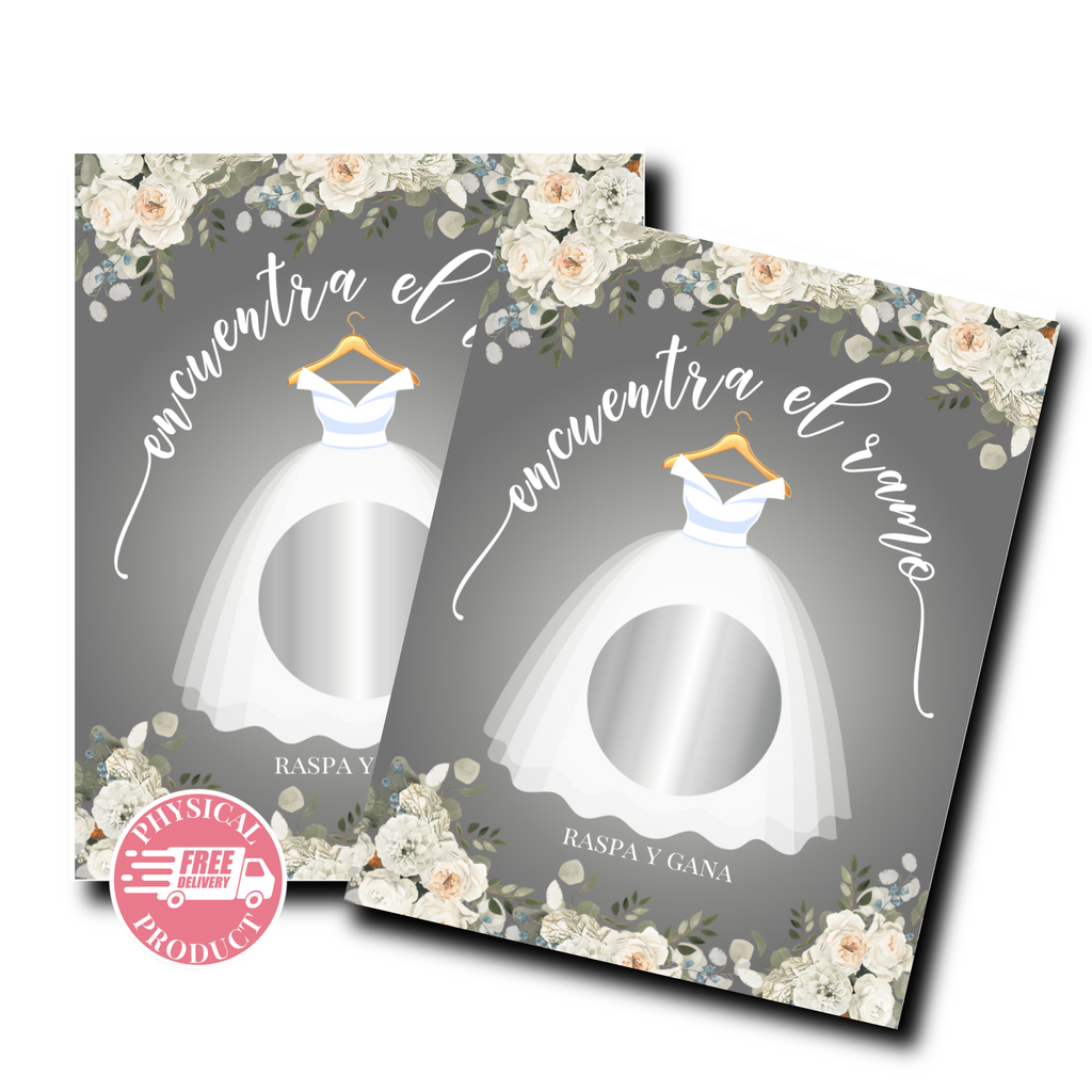 Bridal Shower Games In Spanish - "Encuentra El Ramo" Wedding Dress - 56 Cards - Scratch Off Cards Gray