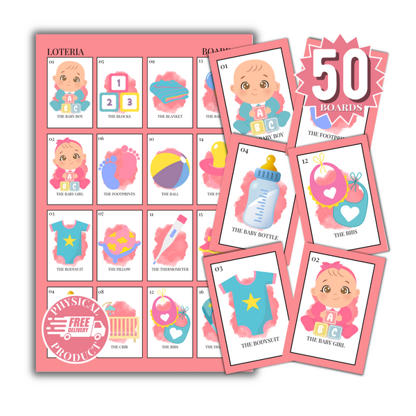 Baby Shower Bingo In English - 50 Cards - Baby Shower Bingo In English - Pink