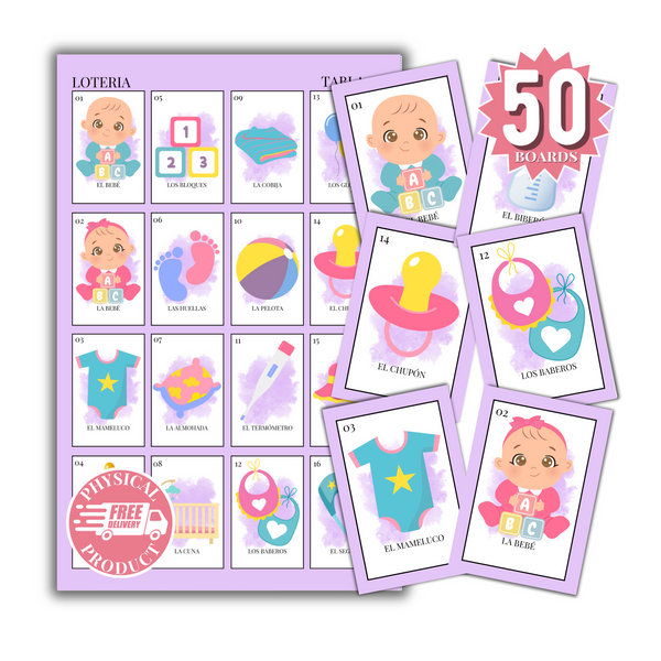 Baby Shower Bingo In Spanish - 50 Cards - Baby Shower Bingo In Spanish - Purple