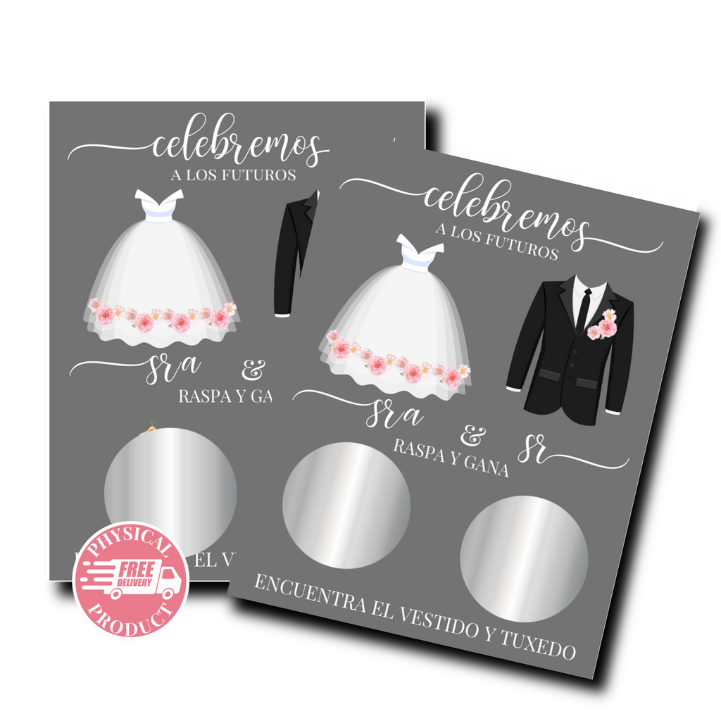 Bridal Shower Games In Spanish - "¡Celebremos!" Dress & Tuxedo - 56 Cards - Scratch Off Cards