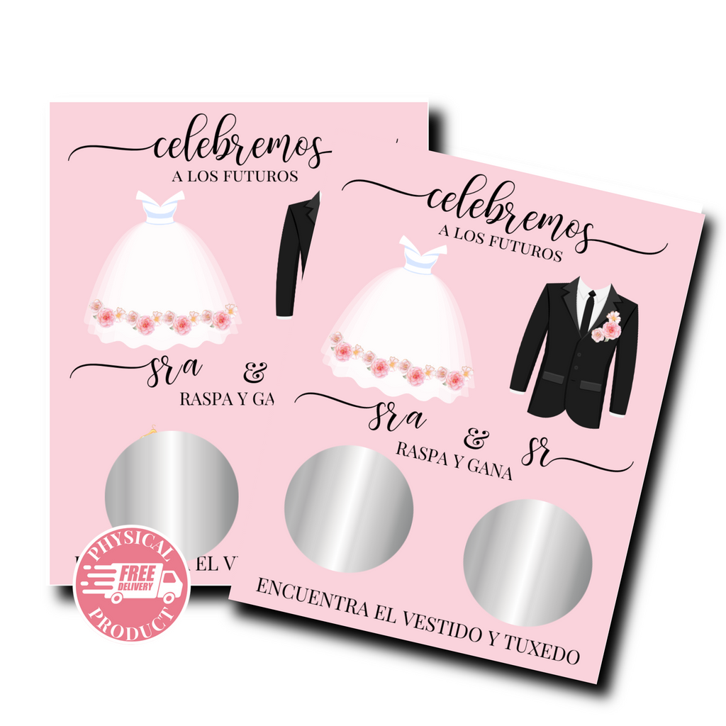 Bridal Shower Games In Spanish - "¡Celebremos!" Dress & Tuxedo - 56 Cards - Scratch Off Cards Pink