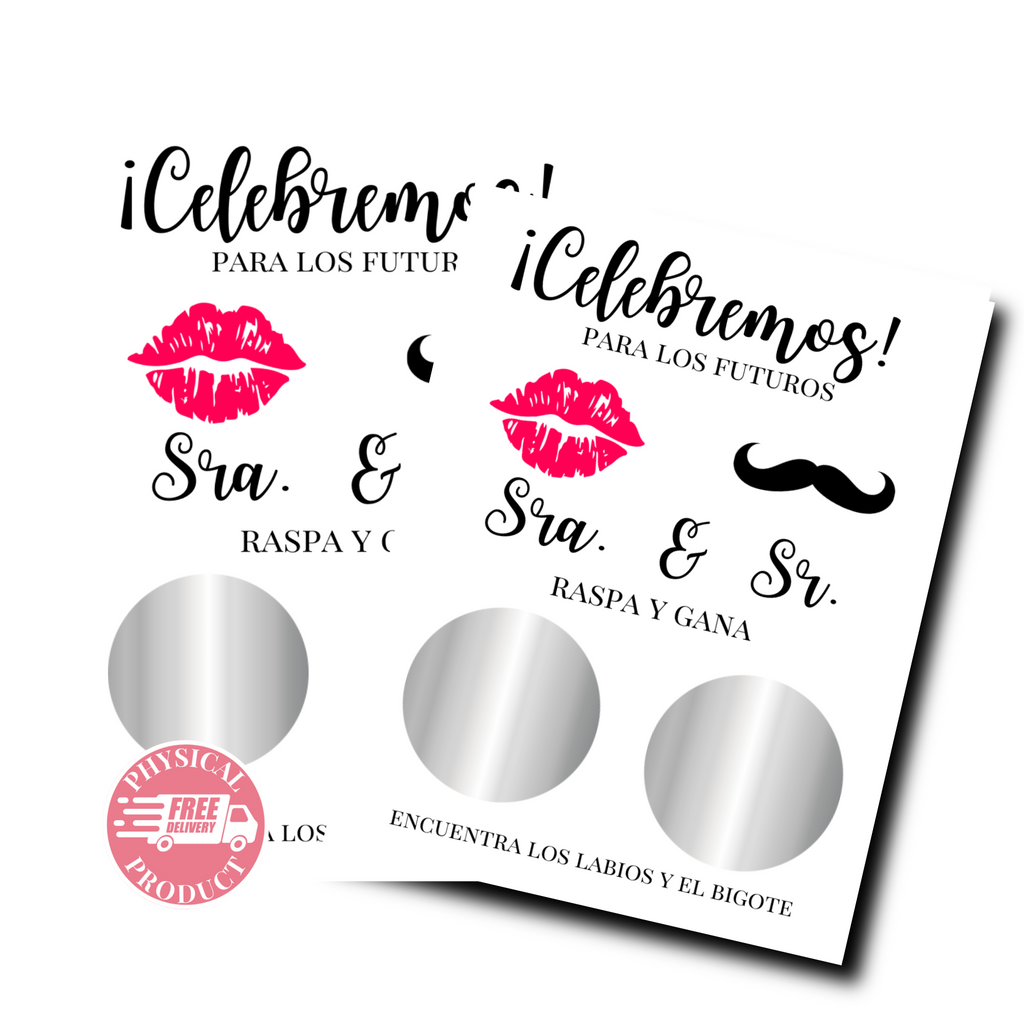 Bridal Shower Games In Spanish - "Celebramos" Lips & Mustache - 50 Cards - Scratch Off Cards