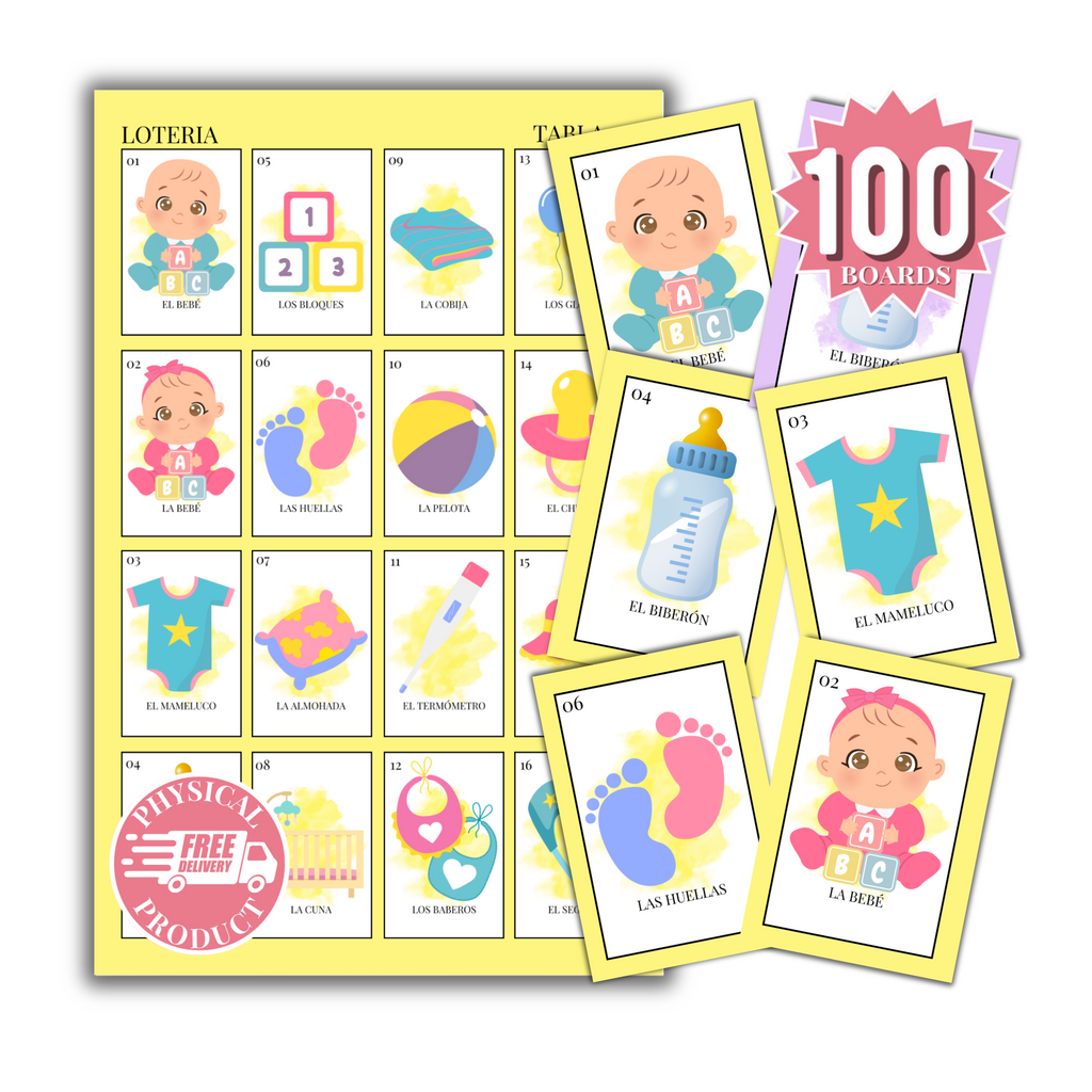 Baby Shower Bingo In Spanish - 100 Cards - Baby Shower Bingo In Spanish - Yellow
