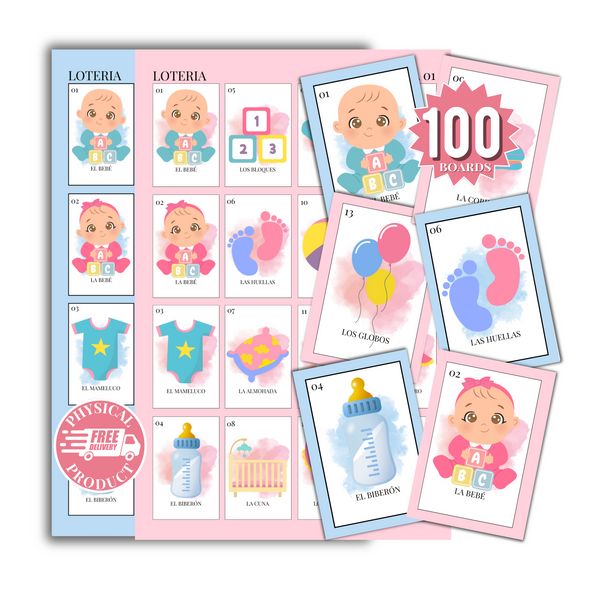 Baby Shower Bingo In Spanish - 100 Cards - Baby Shower Bingo In Spanish - Pink Blue