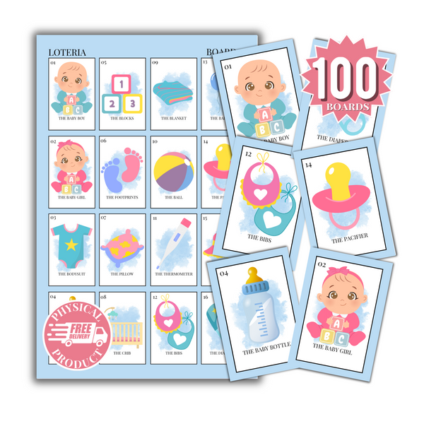 Baby Shower Bingo In English - 100 Cards - Baby Shower Bingo In English - Blue White