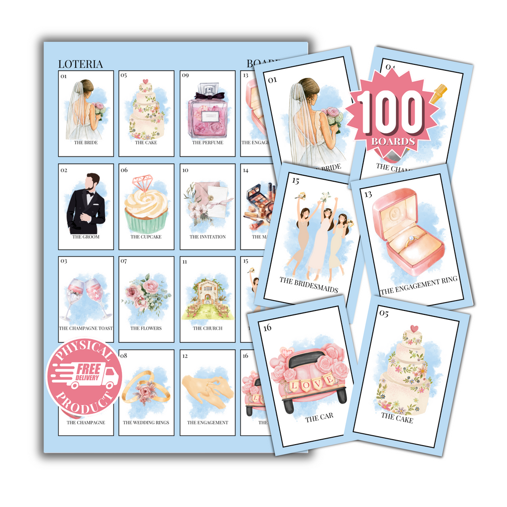 Bridal Shower Bingo In English - 100 Cards - Wedding Shower Bingo In English - Blue