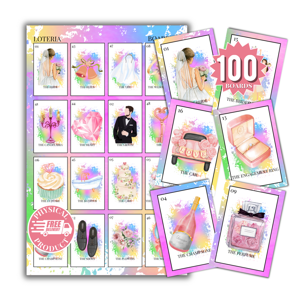 Bridal Shower Bingo In English - 100 Cards - Wedding Shower Bingo In English - Multicolor2