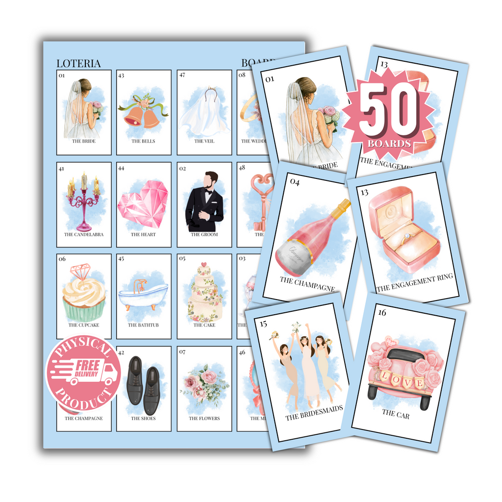 Bridal Shower Bingo In English - 50 Cards - Wedding Shower Bingo In English - Blue