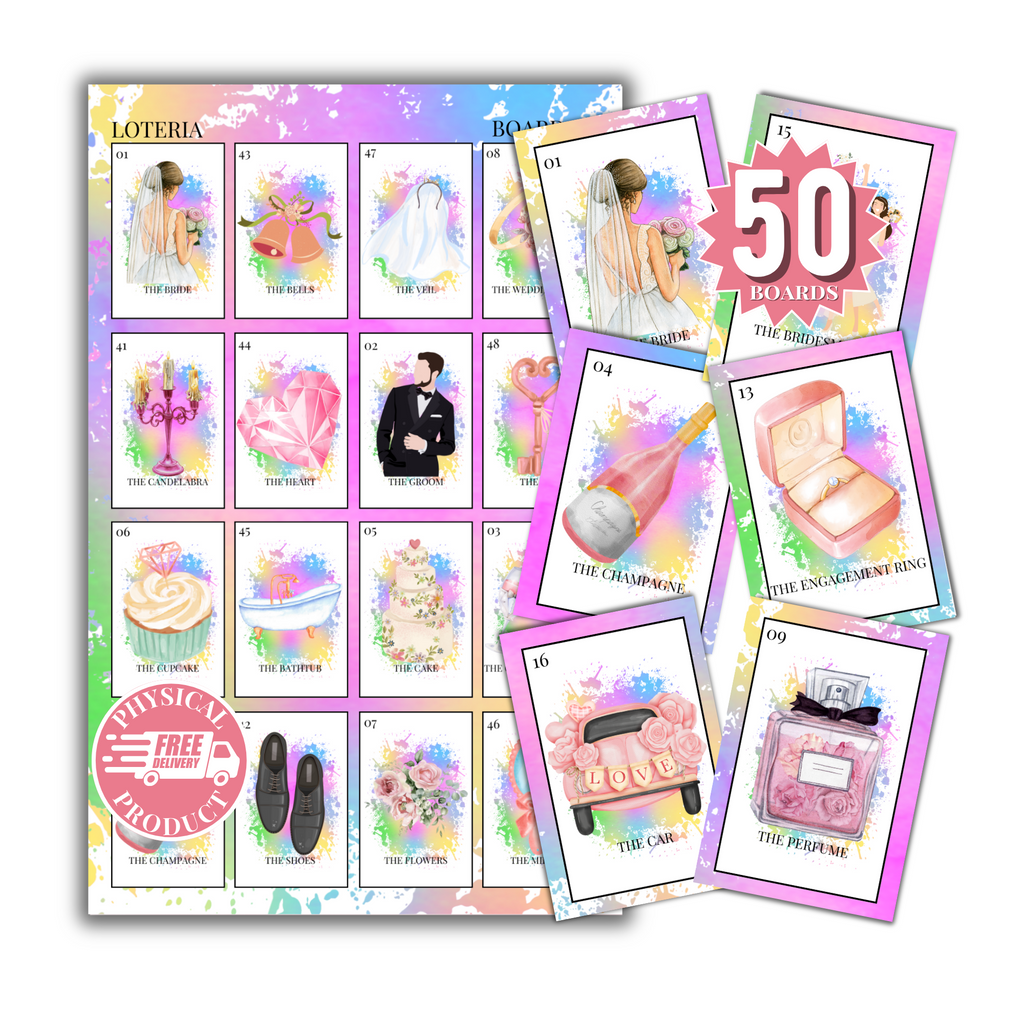 Bridal Shower Bingo In English - 50 Cards - Wedding Shower Bingo In English - Multicolor2