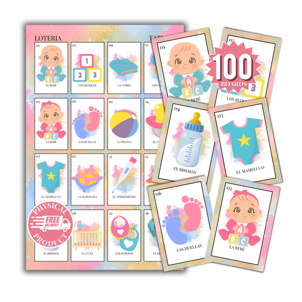 Baby Shower Bingo In Spanish - 100 Cards - Baby Shower Bingo In Spanish - Pink Blue White