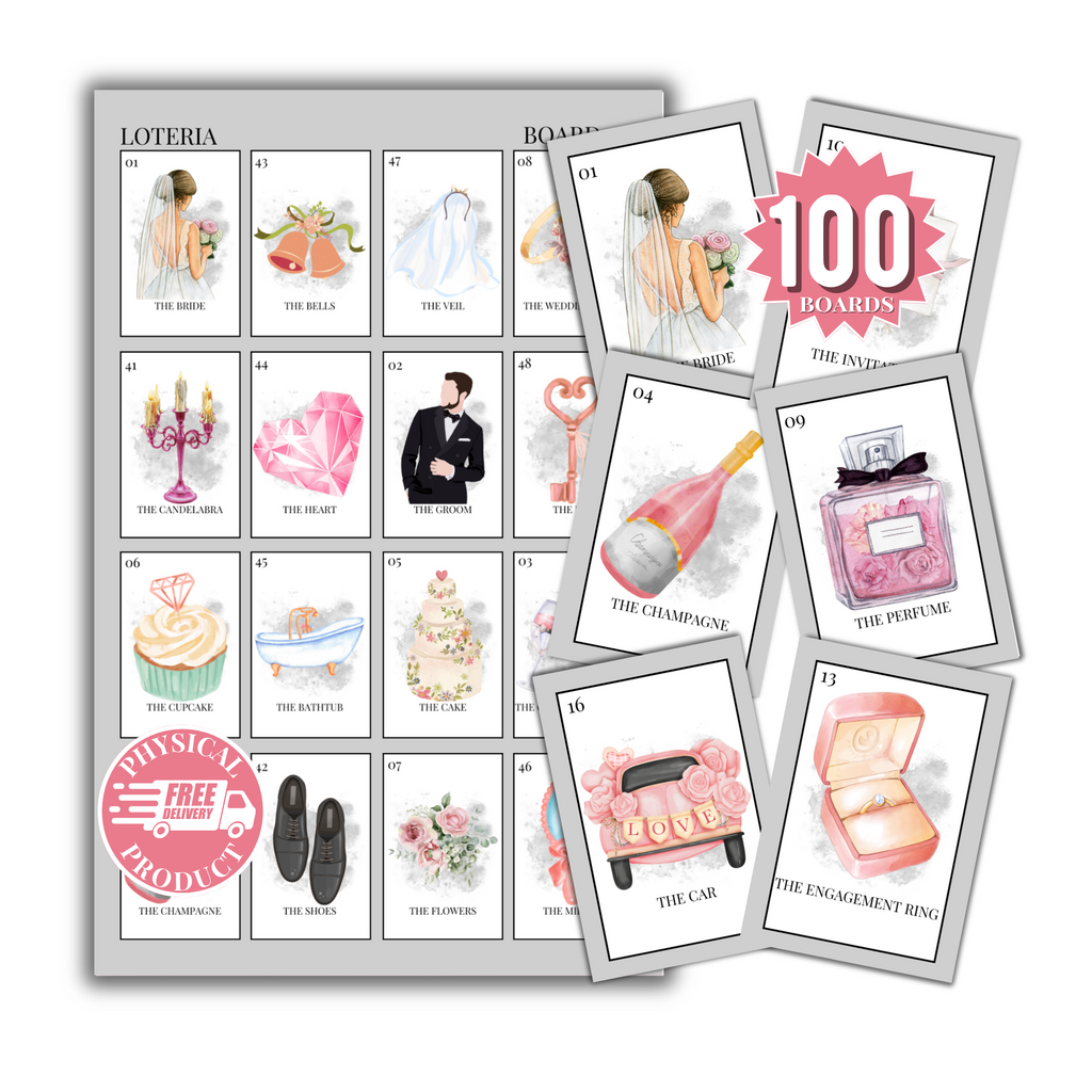 Bridal Shower Bingo In English - 100 Cards - Wedding Shower Bingo In English - Gray