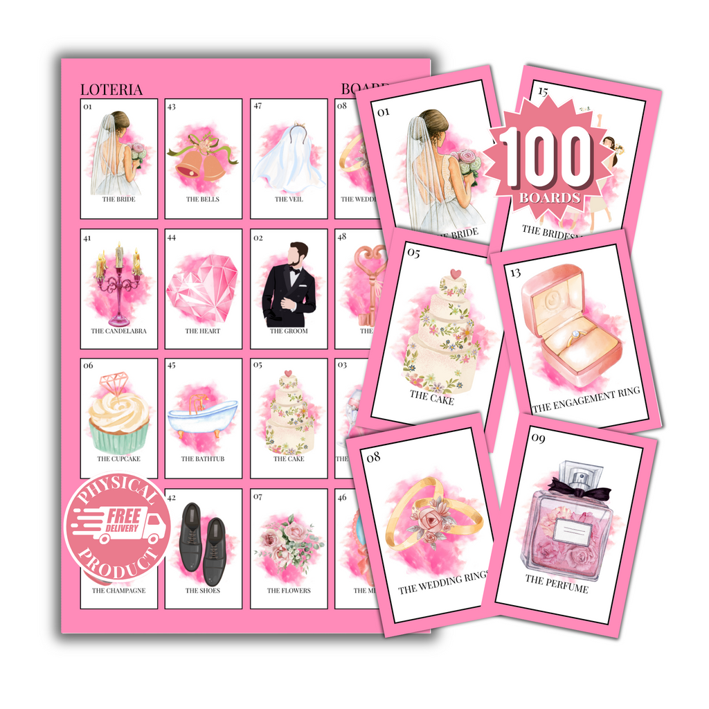 Bridal Shower Bingo In English - 100 Cards - Wedding Shower Bingo In English - Fuchsia