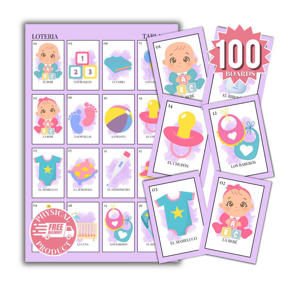 Baby Shower Bingo In Spanish - 100 Cards - Baby Shower Bingo In Spanish - Purple