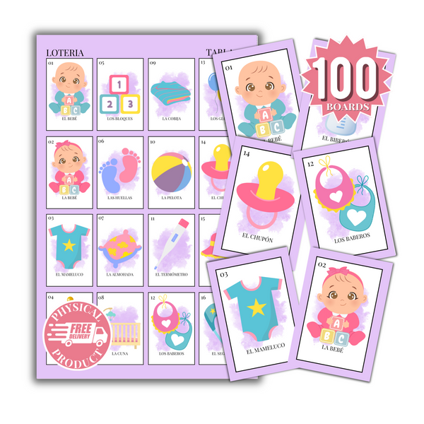 Baby Shower Bingo In Spanish - 100 Cards - Baby Shower Bingo In Spanish - Purple