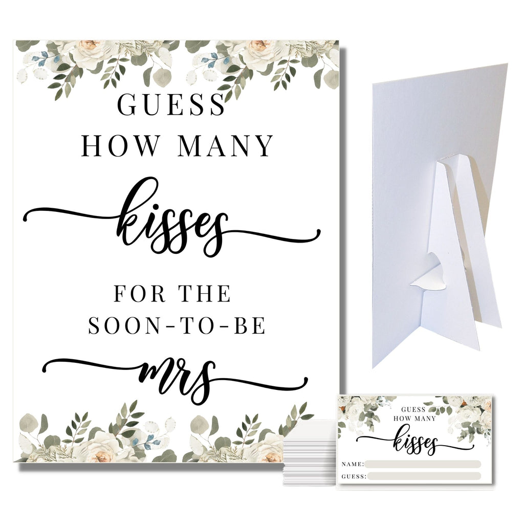 How Many Kisses Game Sign and Cards Gray Floral