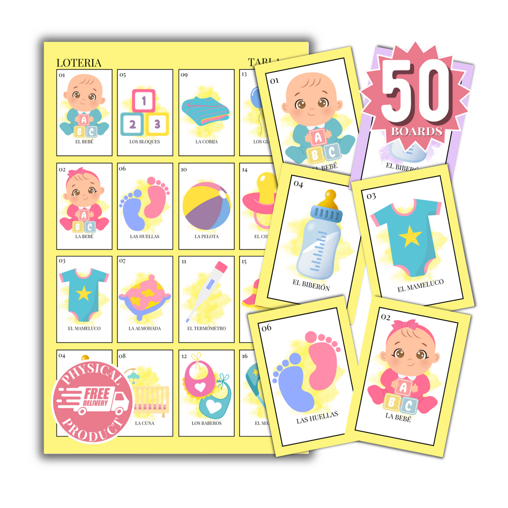 Baby Shower Bingo In Spanish - 50 Cards - Baby Shower Bingo In Spanish - Yellow