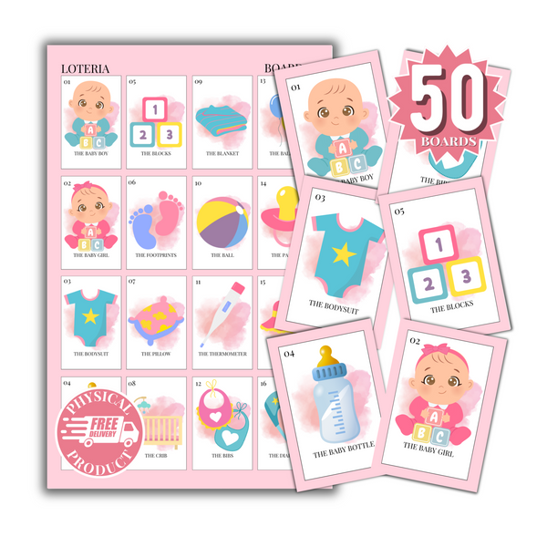 Baby Shower Bingo In English - 50 Cards - Baby Shower Bingo In English - Pink White