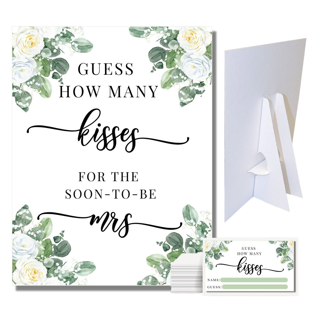 How Many Kisses Game Sign and Cards Green Floral