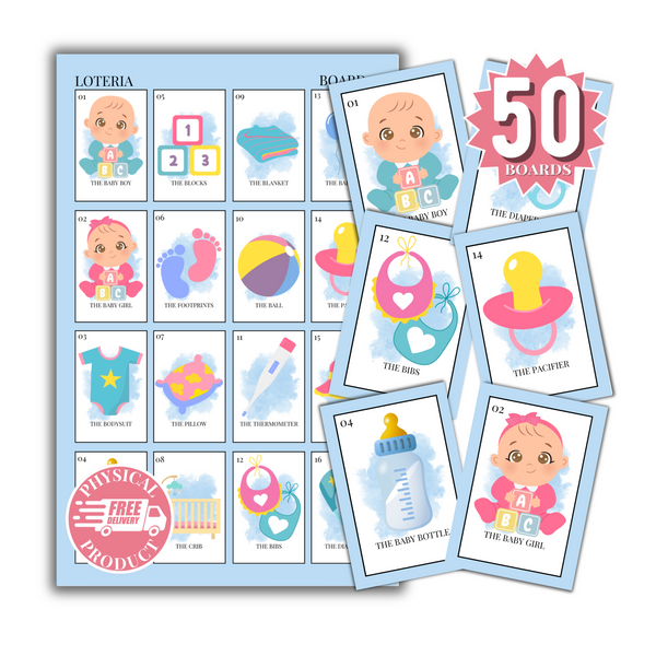 Baby Shower Bingo In English - 50 Cards - Baby Shower Bingo In English - Blue White