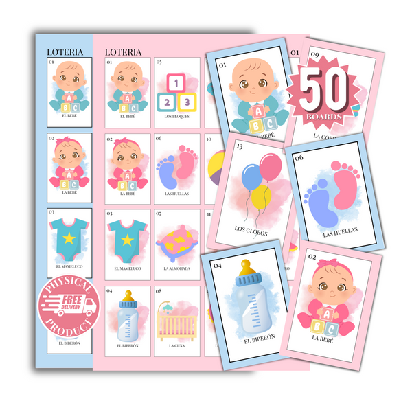 Baby Shower Bingo In Spanish - 50 Cards - Baby Shower Bingo In Spanish - Pink Blue