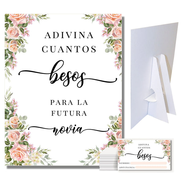 Adivina Cuantos Besos Para La Futura Novia Game Sign and Cards Pink Floral