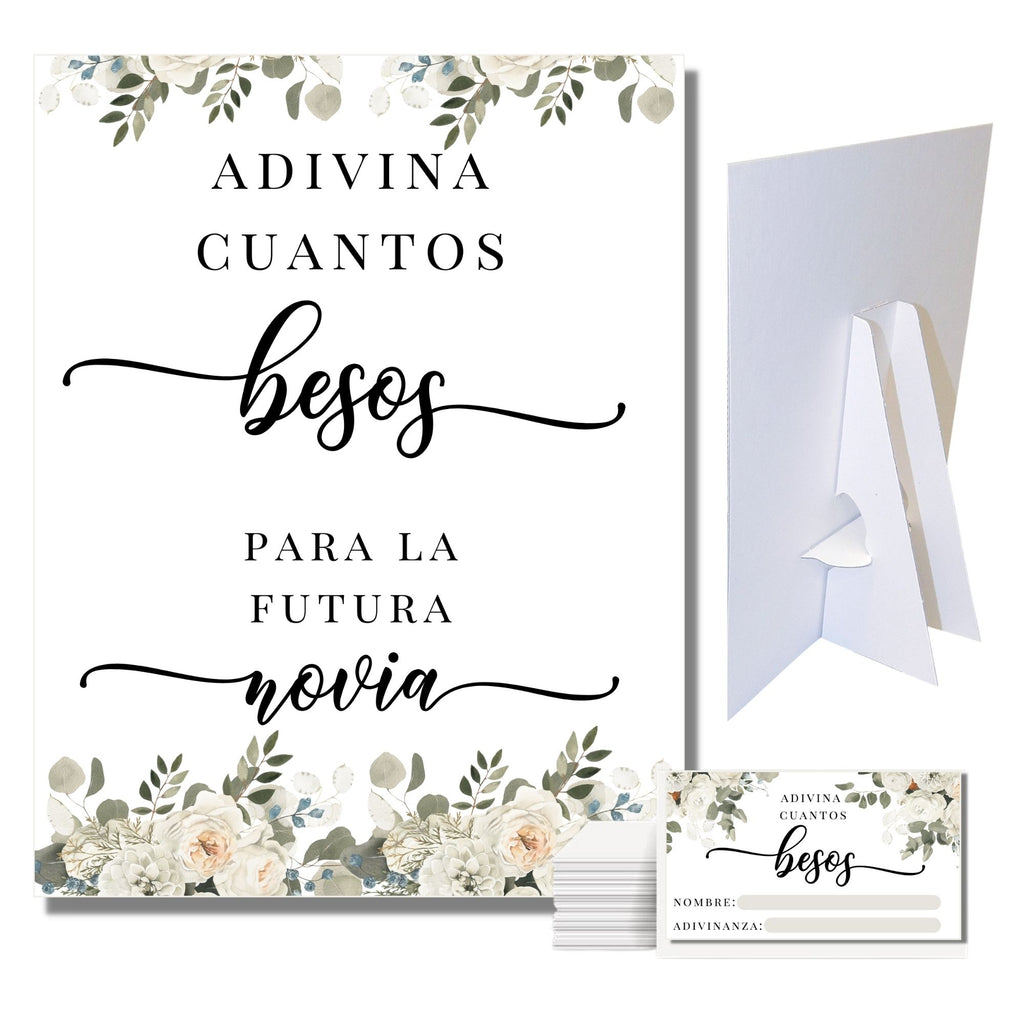 Adivina Cuantos Besos Para La Futura Novia Game Sign and Cards Gray Floral