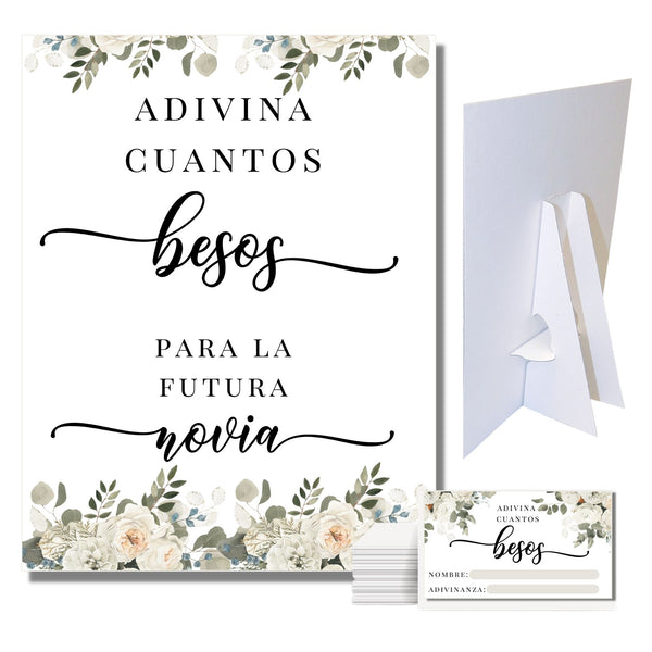 Adivina Cuantos Besos Para La Futura Novia Game Sign and Cards Gray Floral