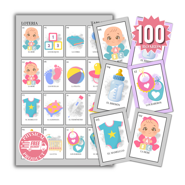 Baby Shower Bingo In Spanish - 100 Cards - Baby Shower Bingo In Spanish - Gray
