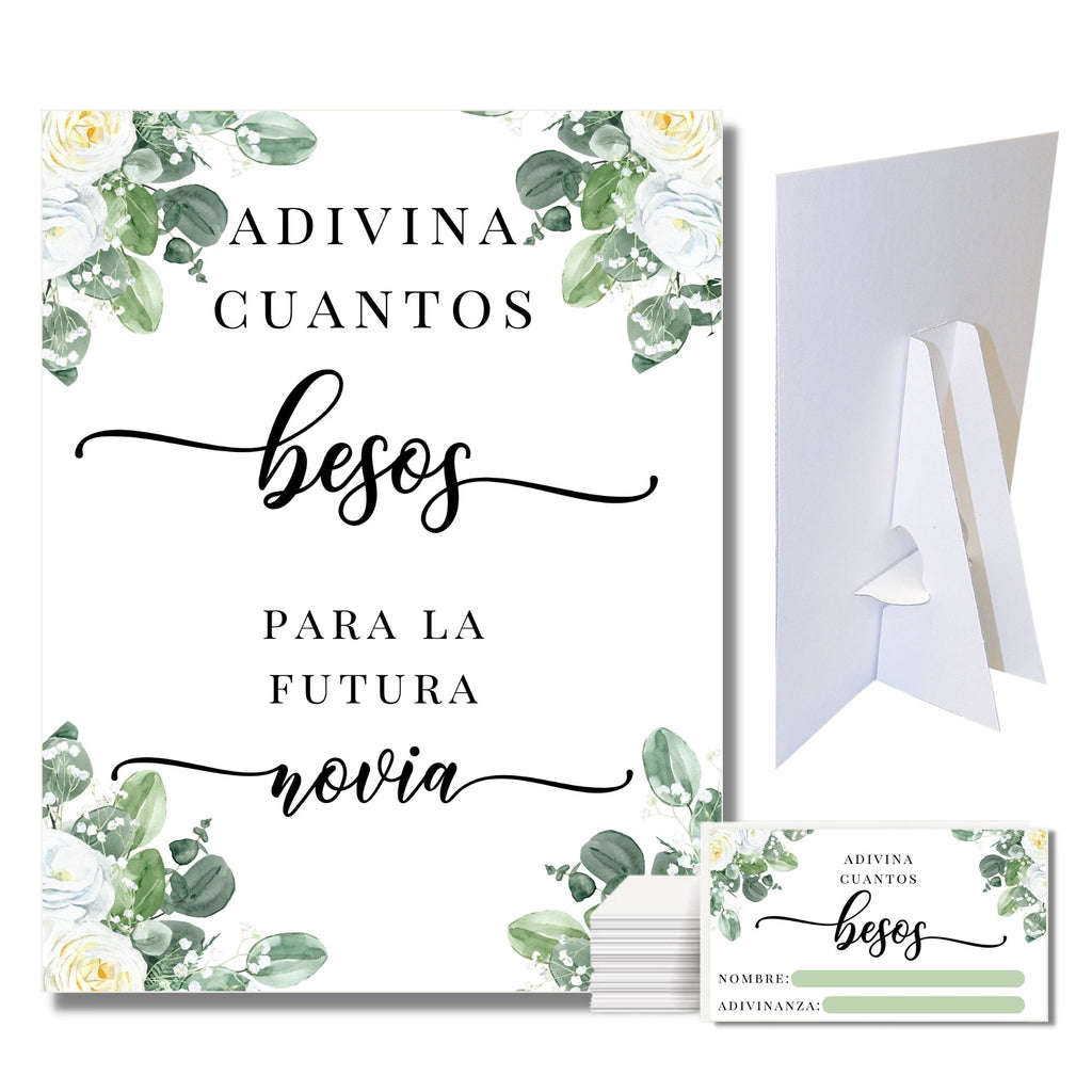 Adivina Cuantos Besos Para La Futura Novia Game Sign and Cards Green Floral