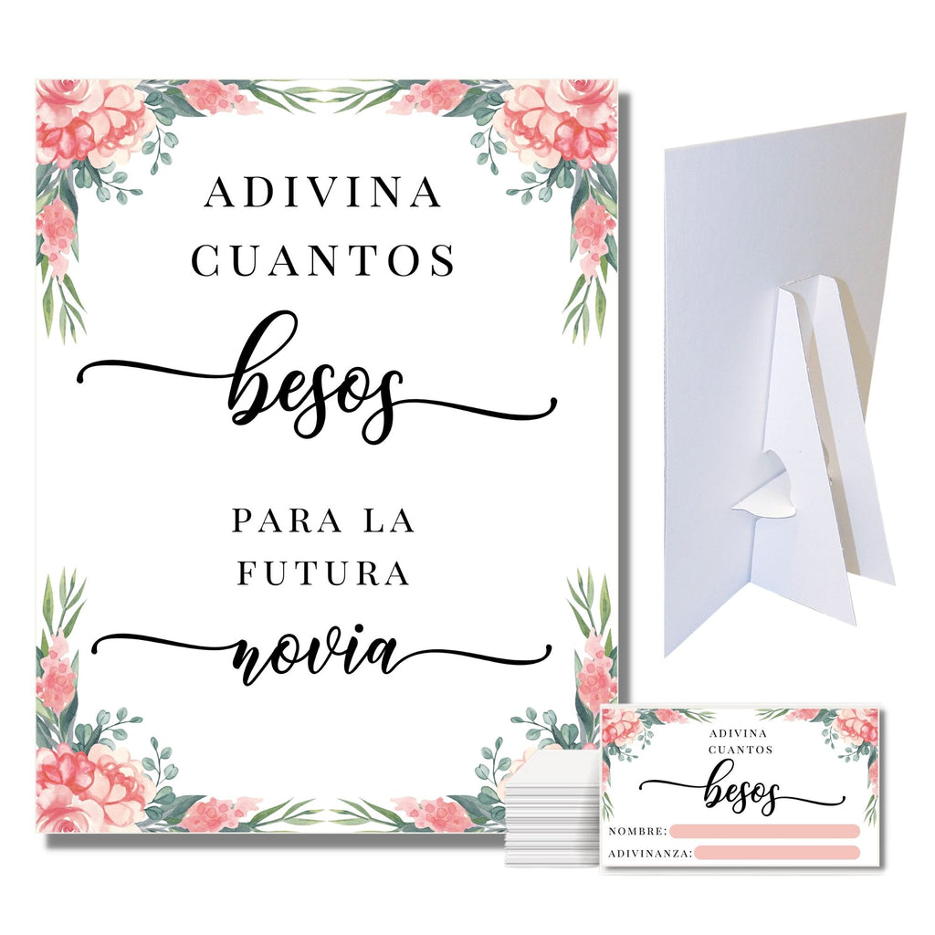 Adivina Cuantos Besos Para La Futura Novia Game Sign and Cards Pink Floral