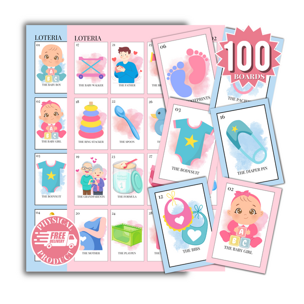 Baby Shower Bingo In English - 100 Cards - Baby Shower Bingo In English - Pink Blue White