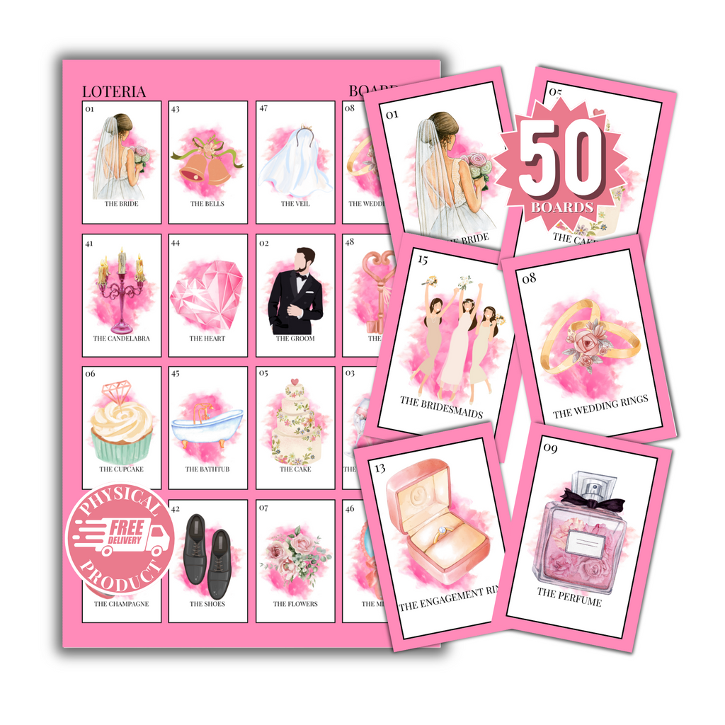 Bridal Shower Bingo In English - 50 Cards - Wedding Shower Bingo In English - Fuchsia