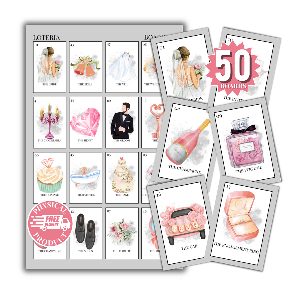 Bridal Shower Bingo In English - 50 Cards - Wedding Shower Bingo In English - Gray