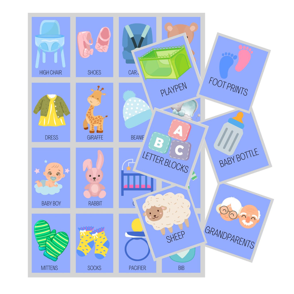 Baby Shower Bingo In English - 50 Cards - Baby Shower Bingo In English - Blue