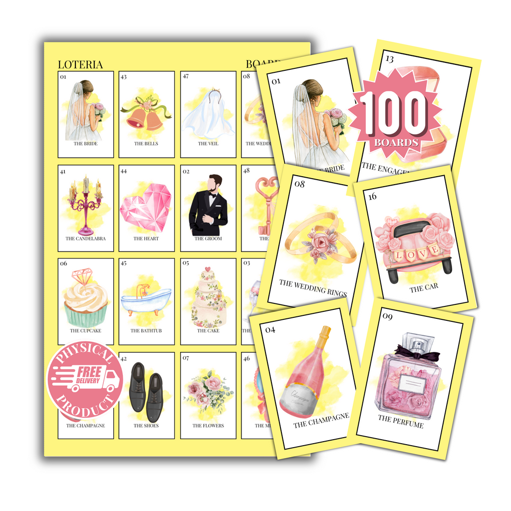 Bridal Shower Bingo In English - 100 Cards - Wedding Shower Bingo In English - Yellow
