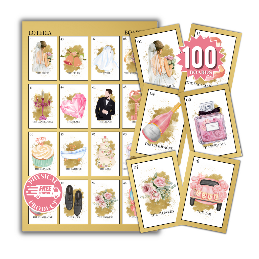 Bridal Shower Bingo In English - 100 Cards - Wedding Shower Bingo In English - Gold