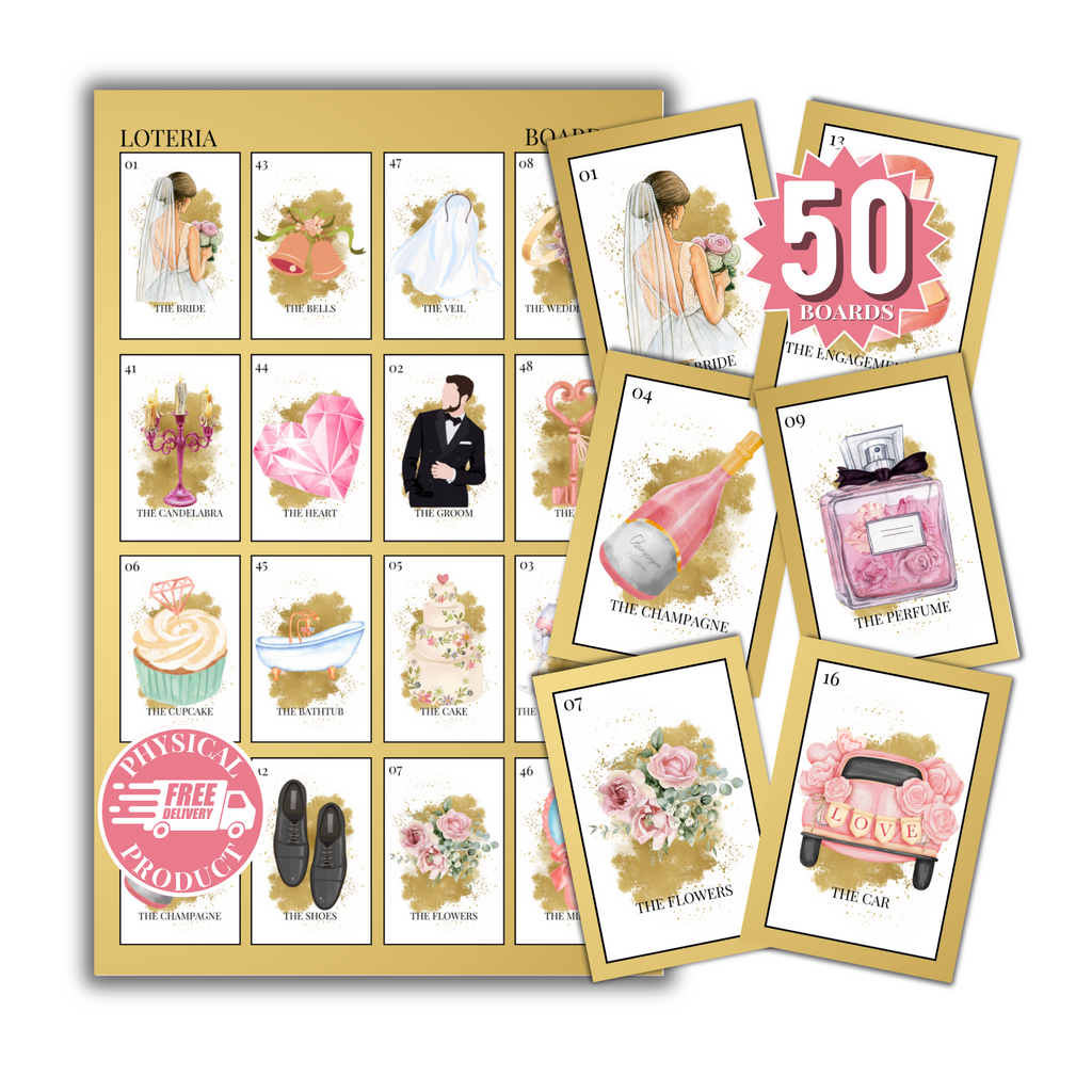 Bridal Shower Bingo In English - 50 Cards - Wedding Shower Bingo In English - Gold