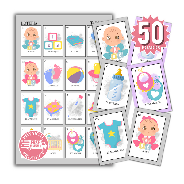 Baby Shower Bingo In Spanish - 50 Cards - Baby Shower Bingo In Spanish - Gray