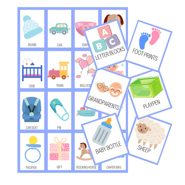 Baby Shower Bingo In English - 50 Cards - Baby Shower Bingo In English - Blue White