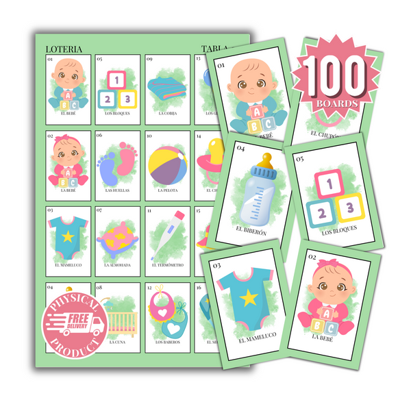 Baby Shower Bingo In Spanish - 100 Cards - Baby Shower Bingo In Spanish - Green