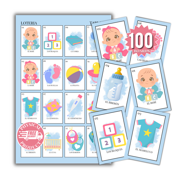 Baby Shower Bingo In Spanish - 100 Cards - Baby Shower Bingo In Spanish - Blue White