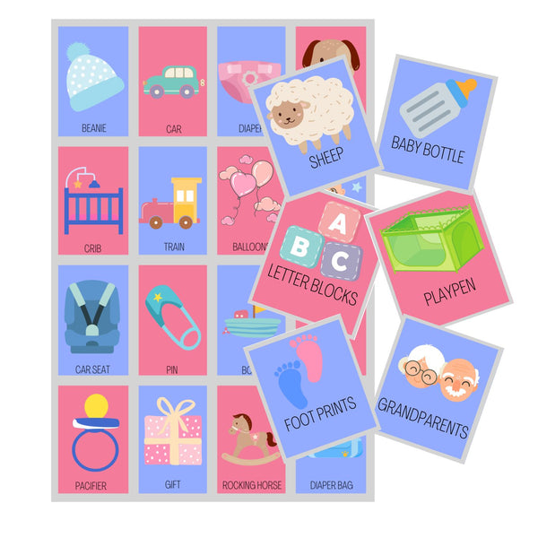 Baby Shower Bingo In English - 50 Cards - Baby Shower Bingo In English - Pink Blue