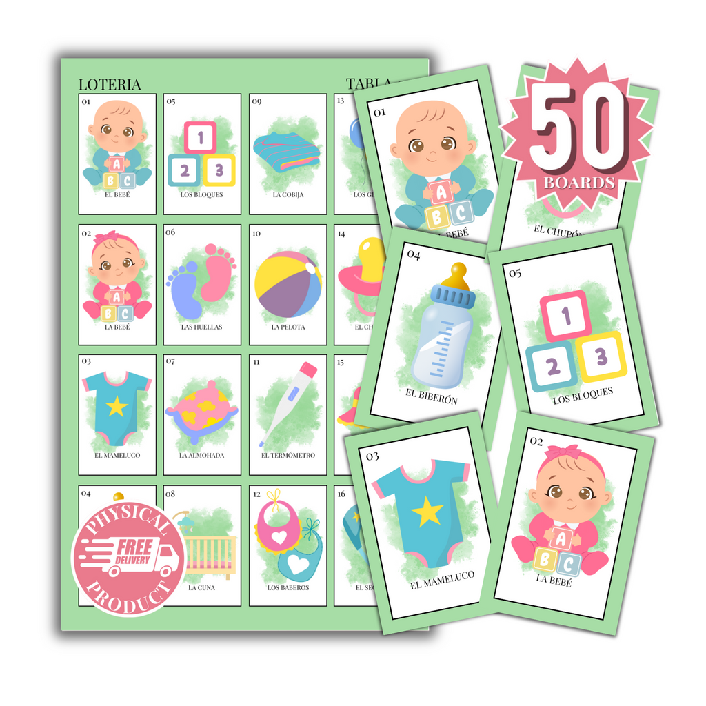 Baby Shower Bingo In Spanish - 50 Cards - Baby Shower Bingo In Spanish - Greeen