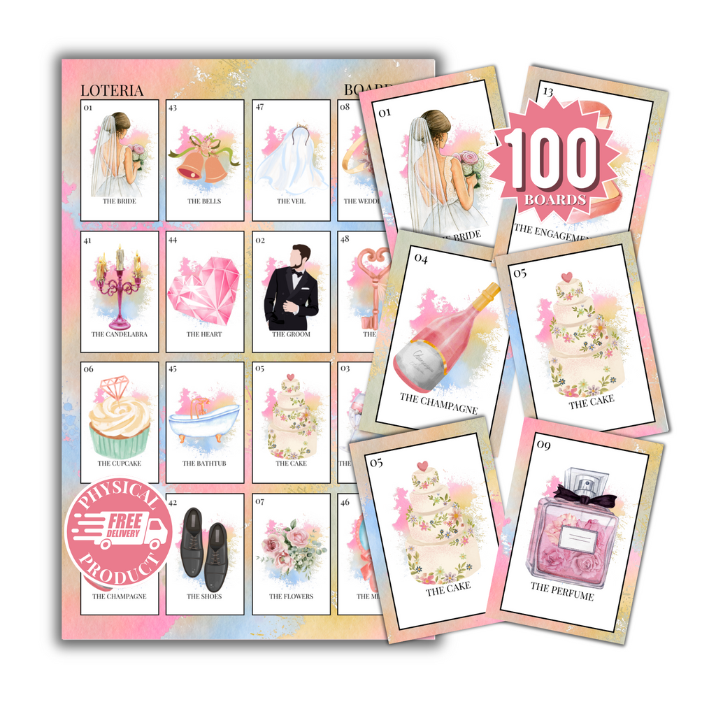 Bridal Shower Bingo In English - 100 Cards - Wedding Shower Bingo In English - Multicolor1