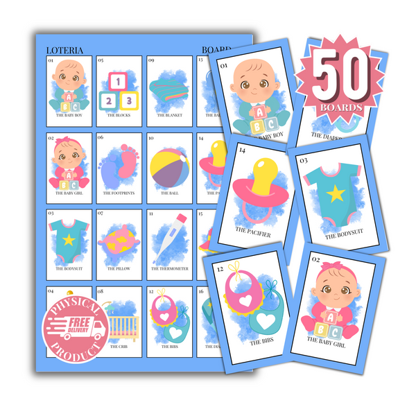 Baby Shower Bingo In English - 50 Cards - Baby Shower Bingo In English - Blue