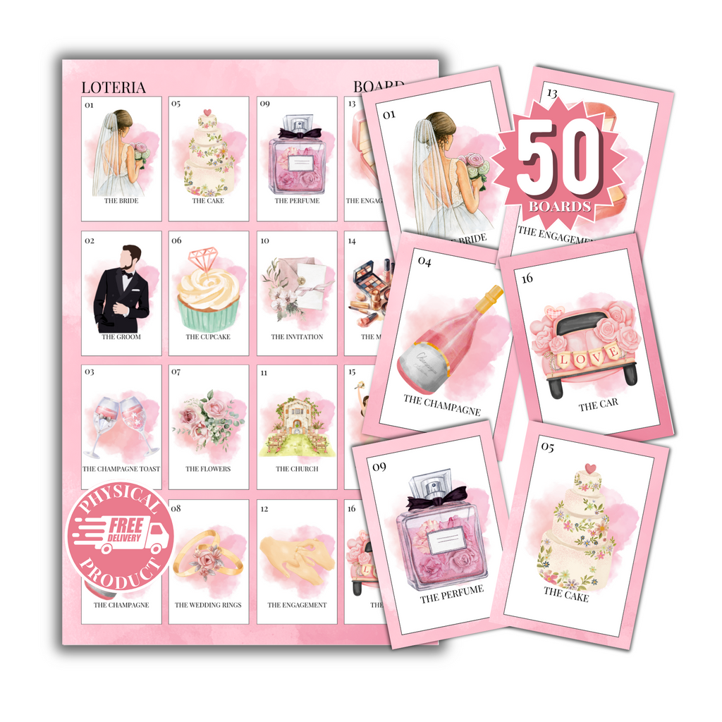 Bridal Shower Bingo In English - 50 Cards - Wedding Shower Bingo In English - Pink 2