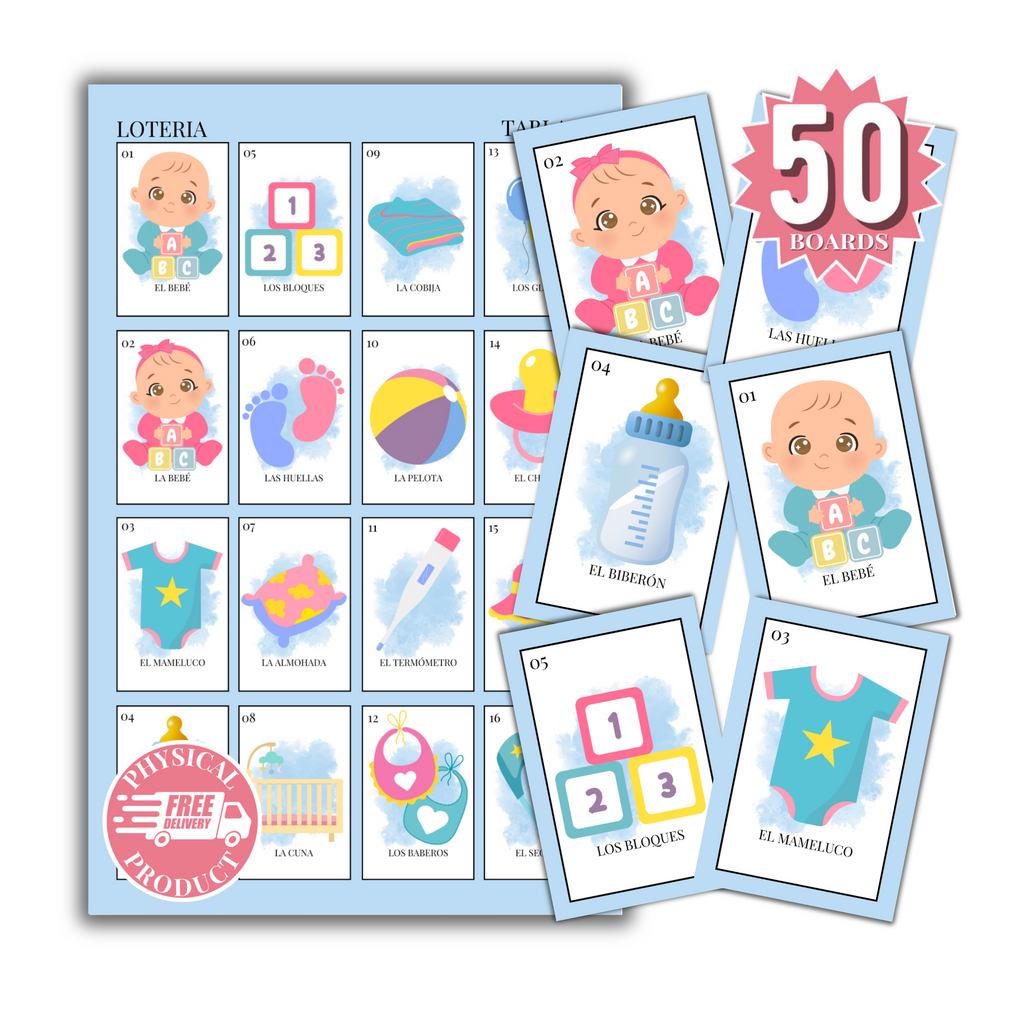 Baby Shower Bingo In Spanish - 50 Cards - Baby Shower Bingo In Spanish - Blue White