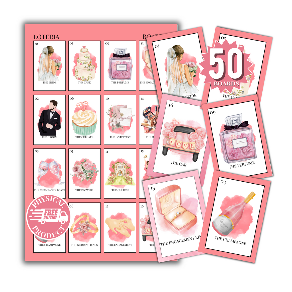 Bridal Shower Bingo In English - 50 Cards - Wedding Shower Bingo In English - Pink 1