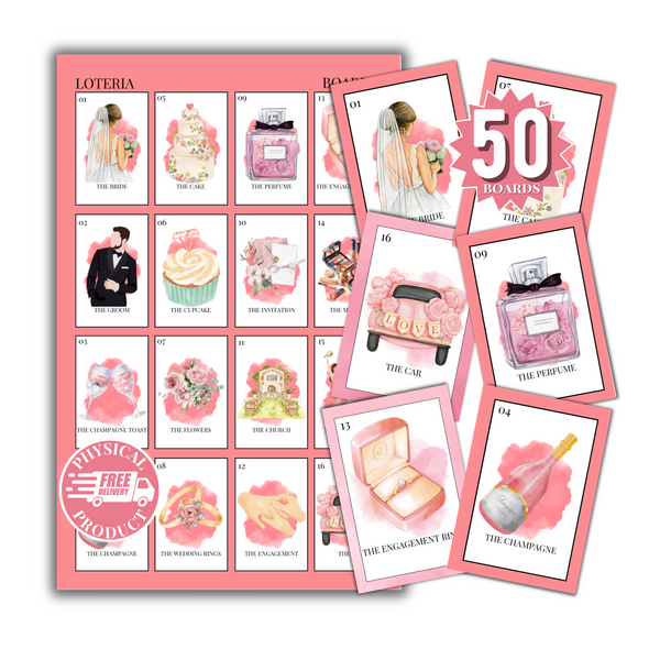 Bridal Shower Bingo In English - 50 Cards - Wedding Shower Bingo In English - Pink 1