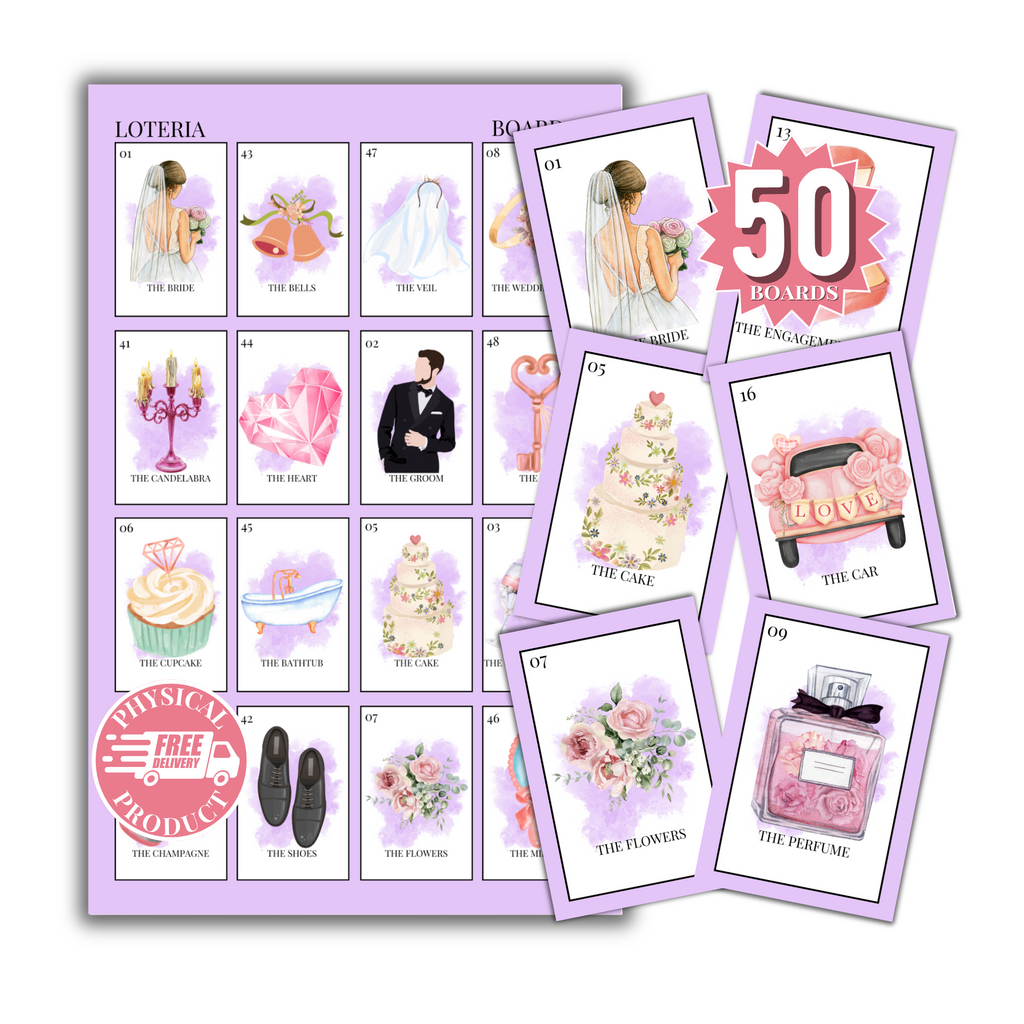 Bridal Shower Bingo In English - 50 Cards - Wedding Shower Bingo In English - Purple